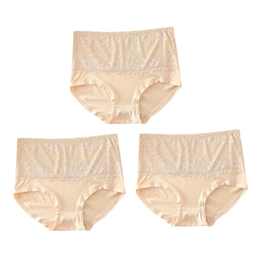 3PCS High Waist Women's Panties – Large Size, Breathable Cow Milk Silk, Lace Briefs, Sexy Female Lingerie