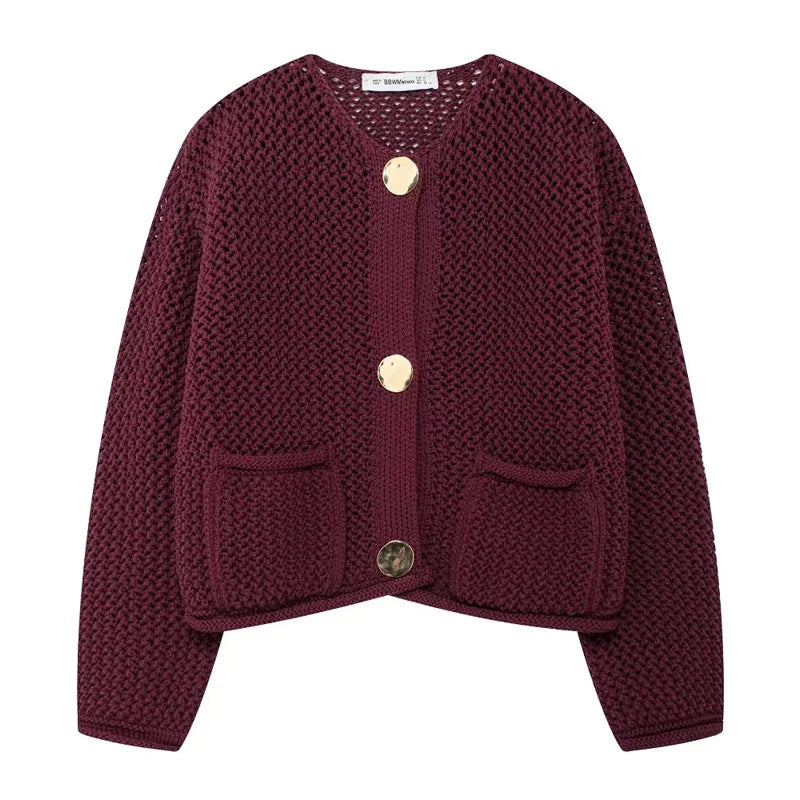 Knitted Cropped Cardigan – Women's Autumn Winter Outerwear, Long Sleeve, Button-Up Sweater