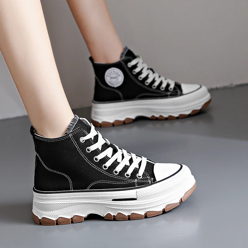 Women’s High Top Canvas Sneakers - Lace-Up, Non-slip, Wear-Resistant, Spring Platform