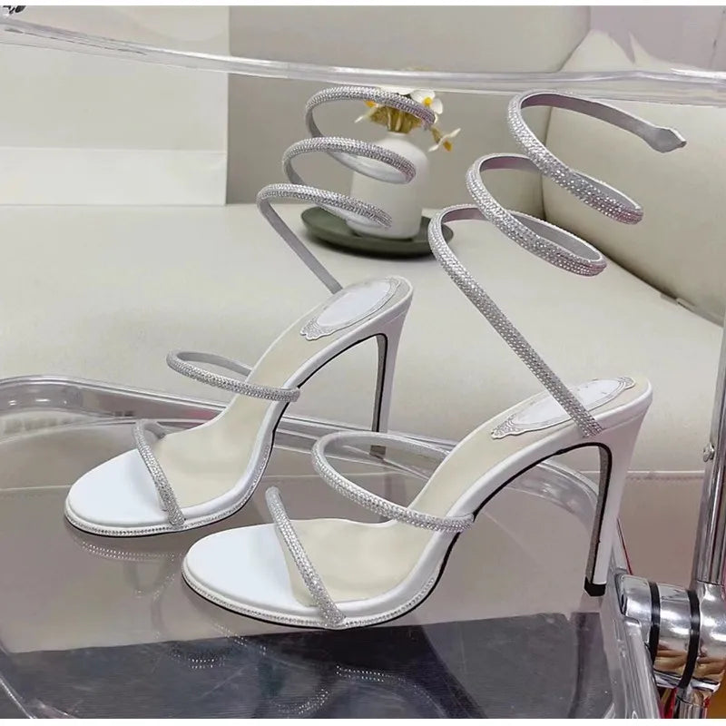 Snake Twine Around Crystal Sandals - Luxury Rhinestone Thin High Heels Gladiator Sandals, Party Prom Fashion Shoes for Women, Summer
