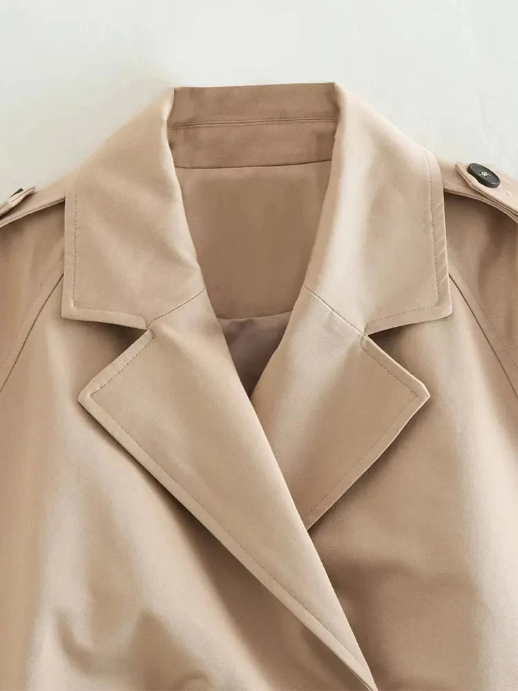 Belted Cropped Trench Jacket – Vintage Double-Breasted Spring Coat, Long Sleeve Streetwear