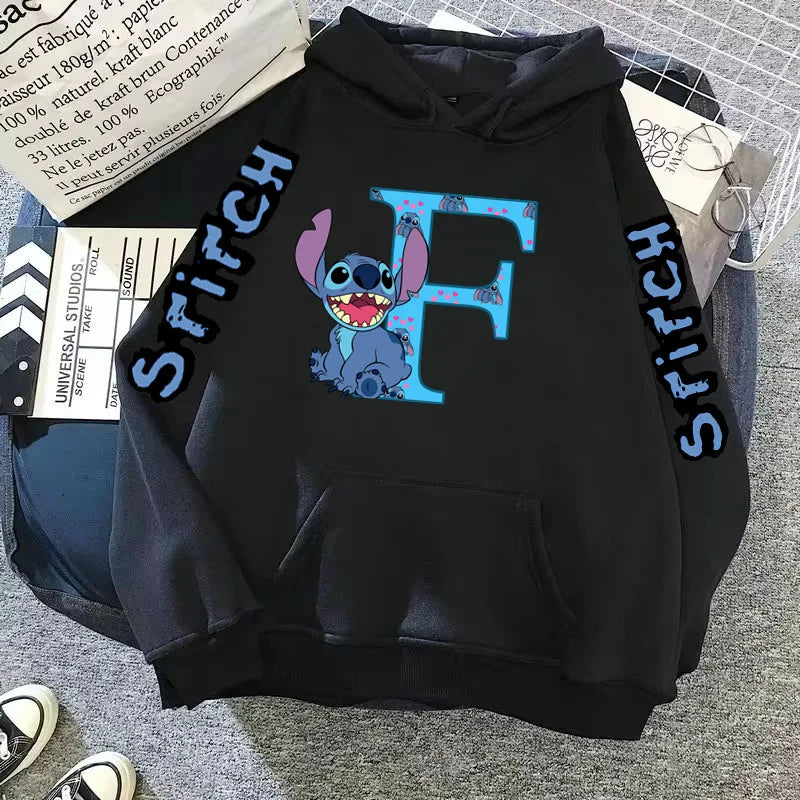 Women's Winter Disney Hoodie – Cute Kawaii Lilo & Stitch, Lucky Letter Print, Black, Fashion Couple Streetwear (Big Size)