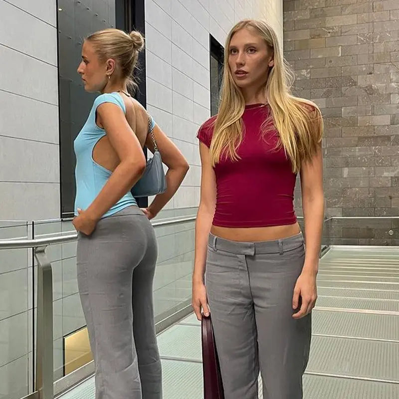 Sexy Backless T-Shirt – Short Sleeve, Solid Color, O-Neck, Fashionable, Summer, Clubwear, Streetwear, Casual, Slim Fit