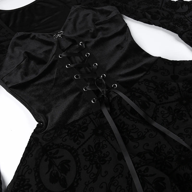 Gothic Long Sleeve Ruffle Mini Dress Women's Vintage V Neck Velvet Stretchy Bodycon Cocktail Dresses Victorian Blouse