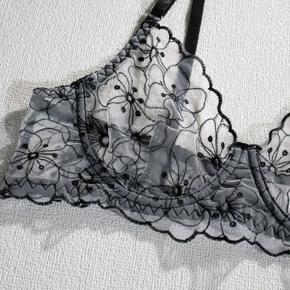 Floral Embroidery Erotic Set – Women's Transparent 3PCS Lingerie Set with Garter, Available in 3 Colors