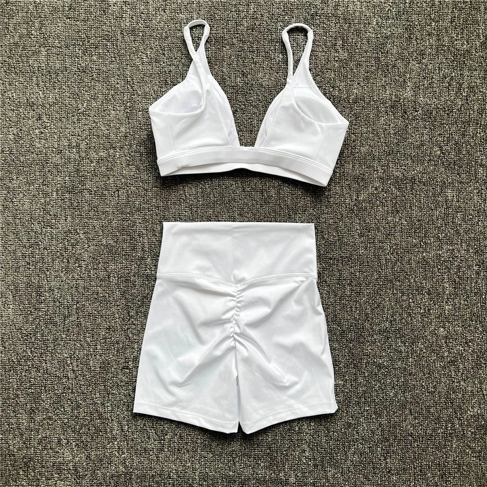 1/2PCS Nude Deep V-Neck Sports Bra & High-Waist Shorts – Women’s Yoga & Gym Workout Set