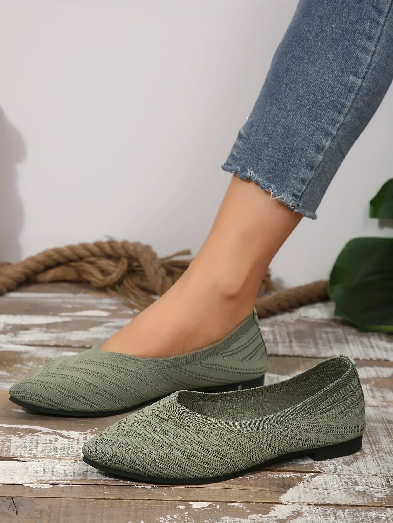 Pointed Toe Flats - Solid Color Knitted Slip-On Office Shoes, Casual Ballet Flats, Women's Loafers, Zapatos de Mujer