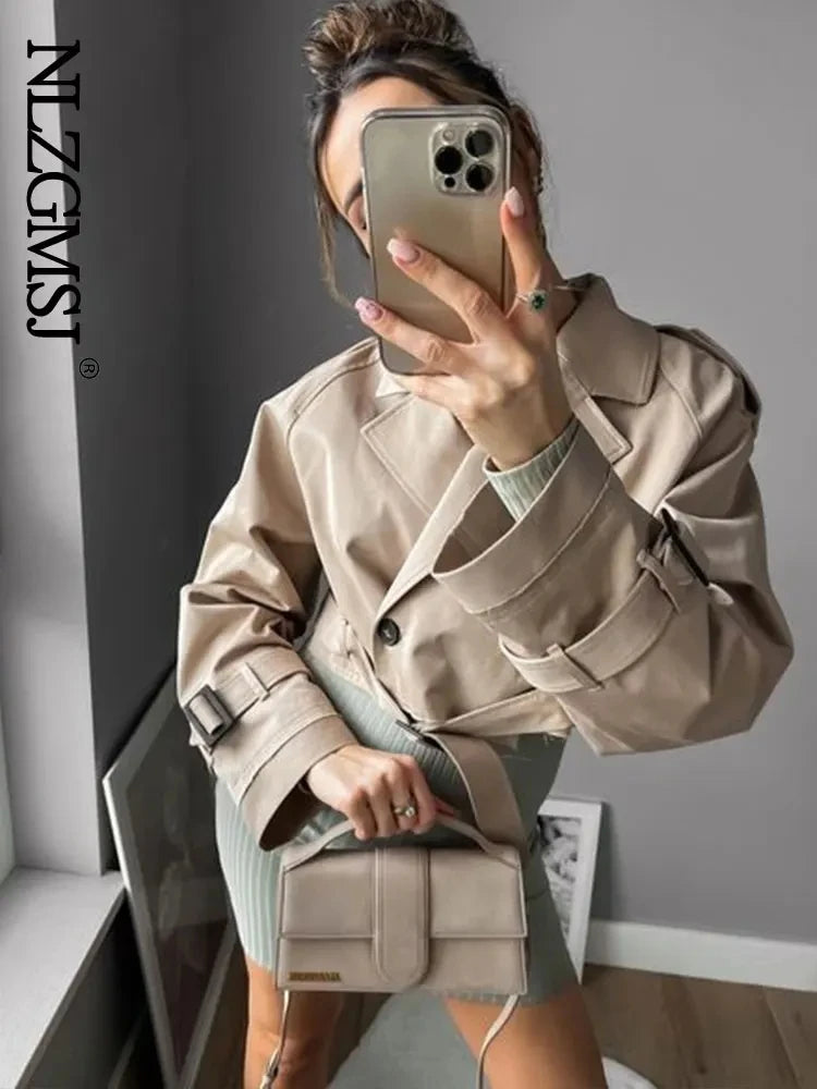 Belted Cropped Trench Jacket – Vintage Double-Breasted Spring Coat, Long Sleeve Streetwear