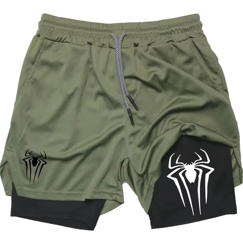 Y2K Performance Shorts Men – Spider Printed, Gym Casual Sports, Compression Shorts, Workout, Running, Mesh 2-in-1 Sport Shorts