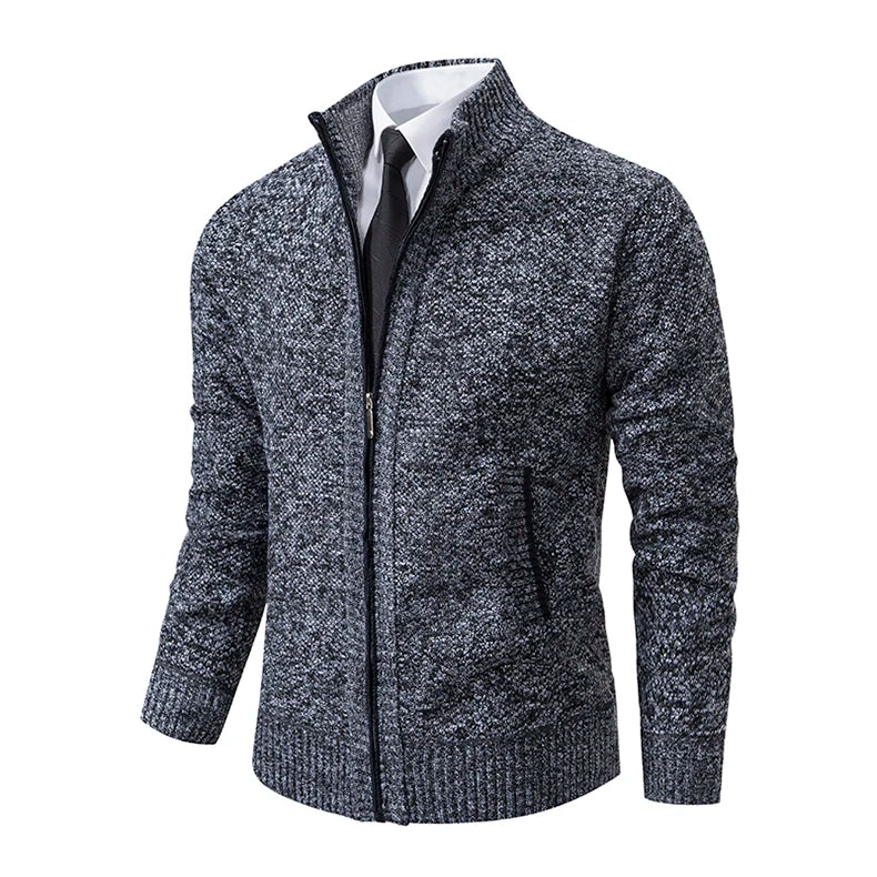 Jersey Men's Casual Sports Coat – Solid Color Stand Collar Sweater, Fleece-Lined, Warm Zipper Cardigan