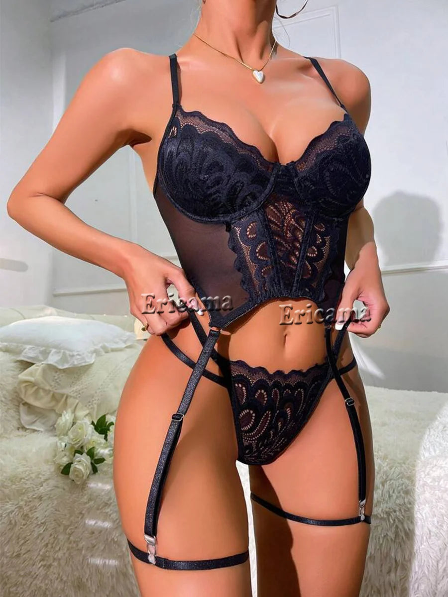 Lace Erotic Lingerie Set – Bow Decor, Strappy, Hollow Out, Bra, Thong & Garter Belt, Sexy Women's Underwear