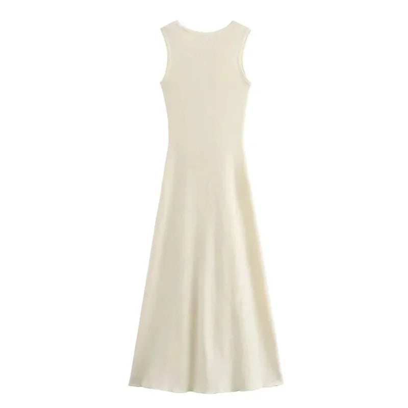 Knit Ribbed Cardigan Maxi Dress – High Waist, Slim Fit, Pocket Design, Sleeveless, Elegant, Party Dress, Women's Knitwear, Long Dress