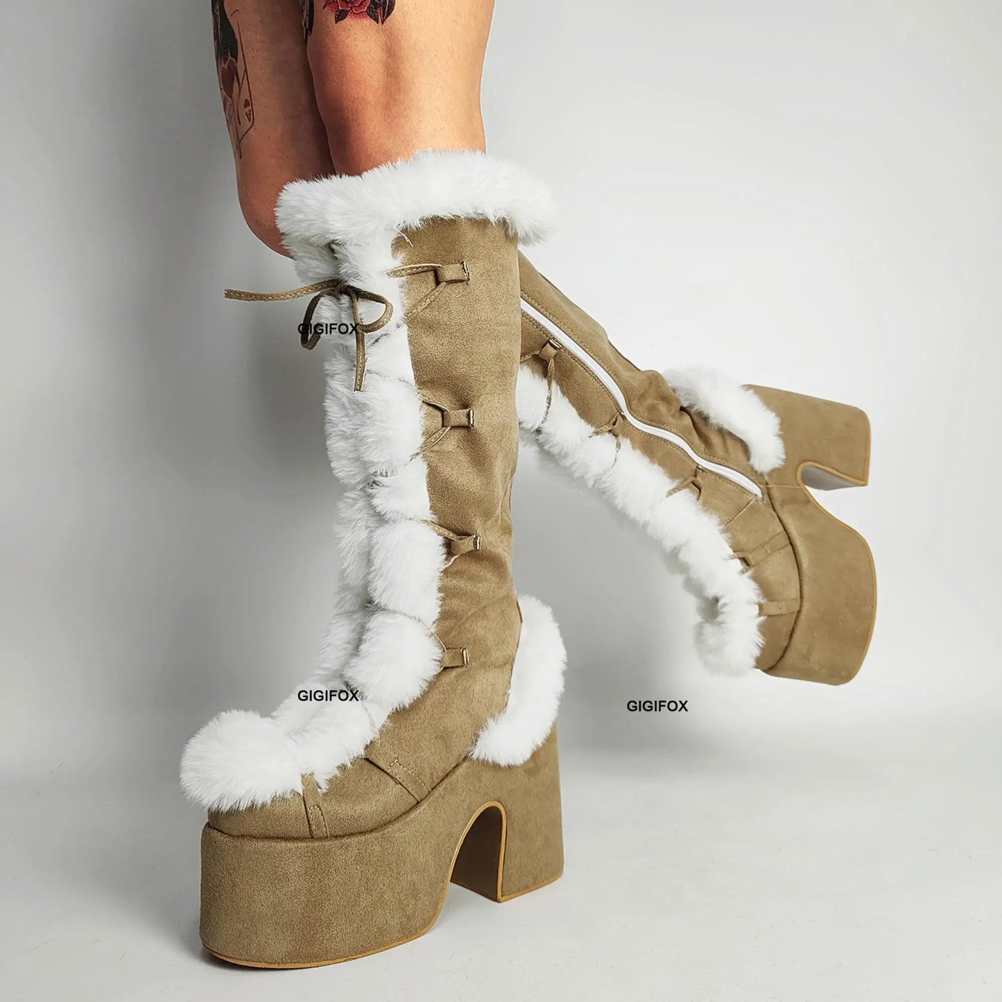 Platform Furry Boots – Chunky High Heeled Winter Autumn Knee High Boots, Women Faux Fur Zip, Gothic Style Punk Shoes Ladies