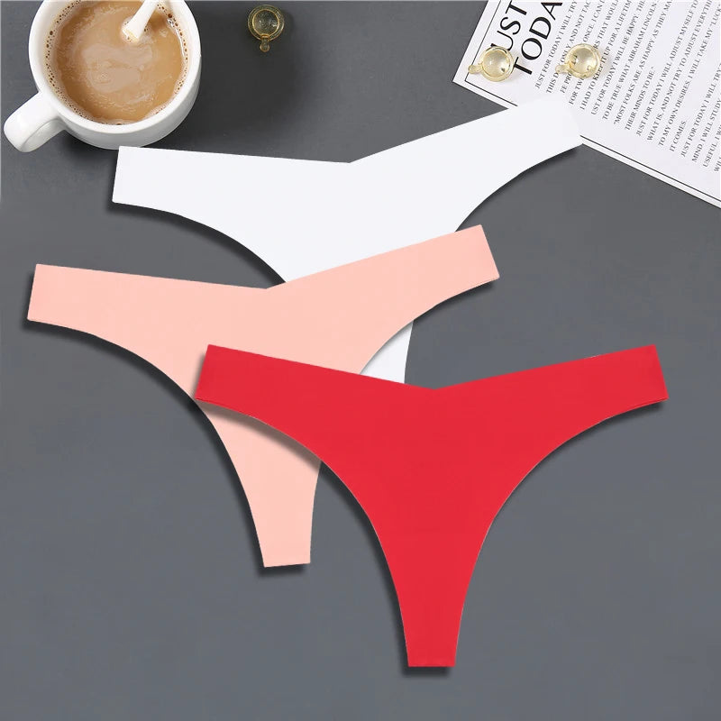 3PCS Women Ice Silk Seamless Thongs – Sexy V-Waist, Low Rise, Sporty, Breathable, 10 Solid Colors