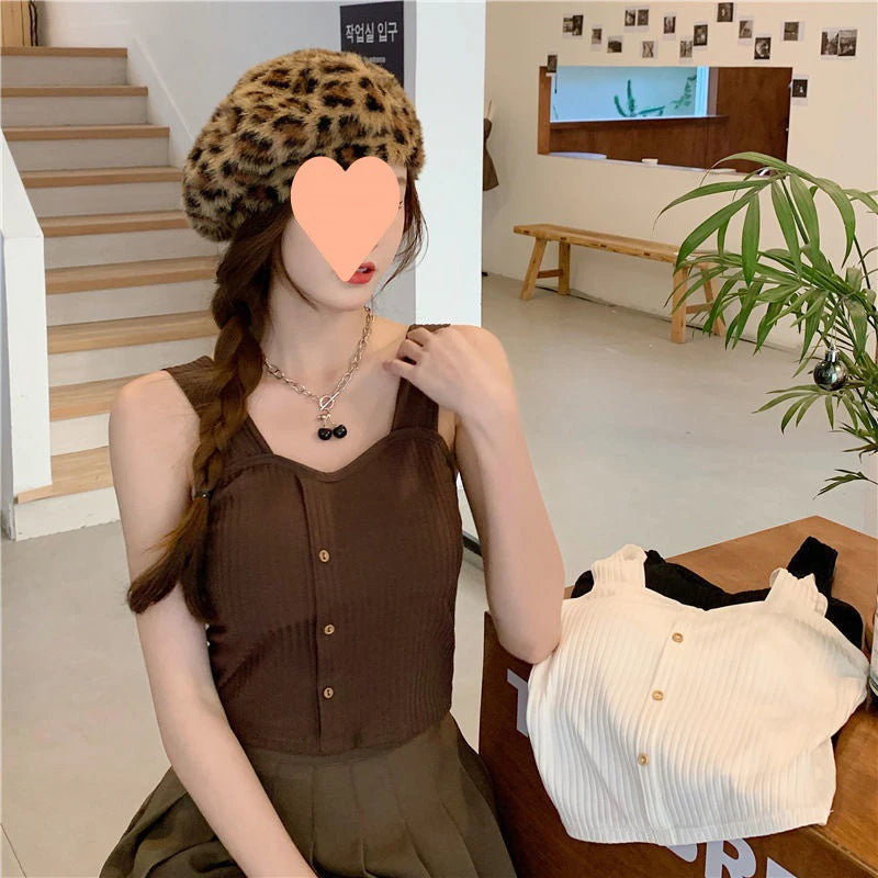 Women's Y2K Cropped Top – Built-in Bra Pads, Summer Corset Style, Korean Suspenders, Sexy Camisole, Slim Fit, New Arrival