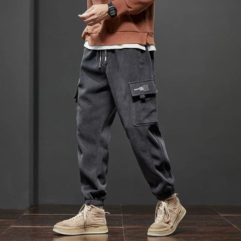 Men's Corduroy Harem Cargo Pants – Spring Autumn Streetwear, Army Green/Gray/Black, Elastic Waist Casual Joggers Sweatpants