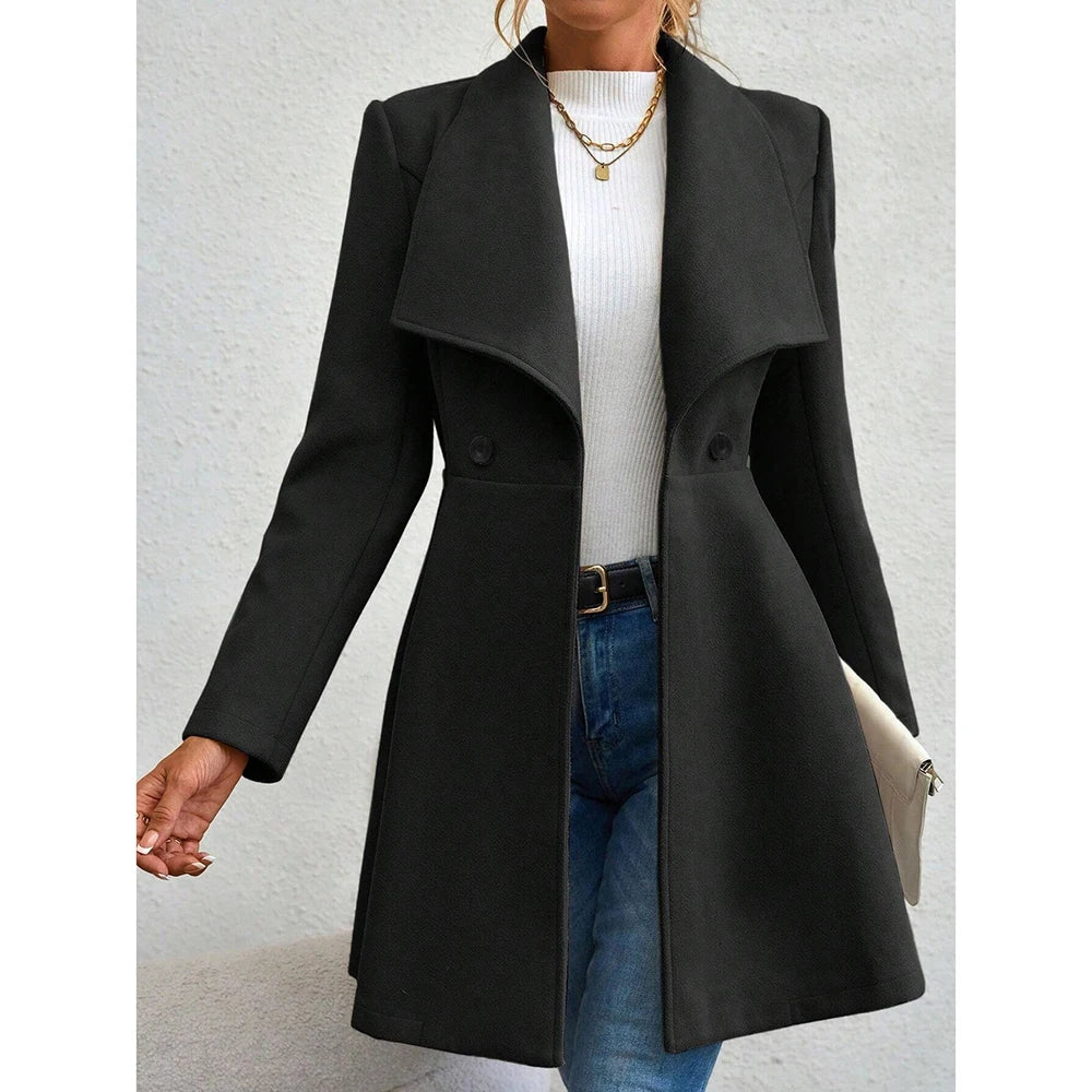 Women's Winter Coat – Solid Color, Long Sleeve, Lapel, Button-Up Workwear
