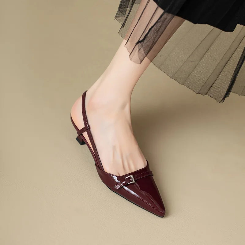 Pointed Patent Leather Sandals - Mid-Heel Overhead Retro Skinny Heel Backless Shoes for Women
