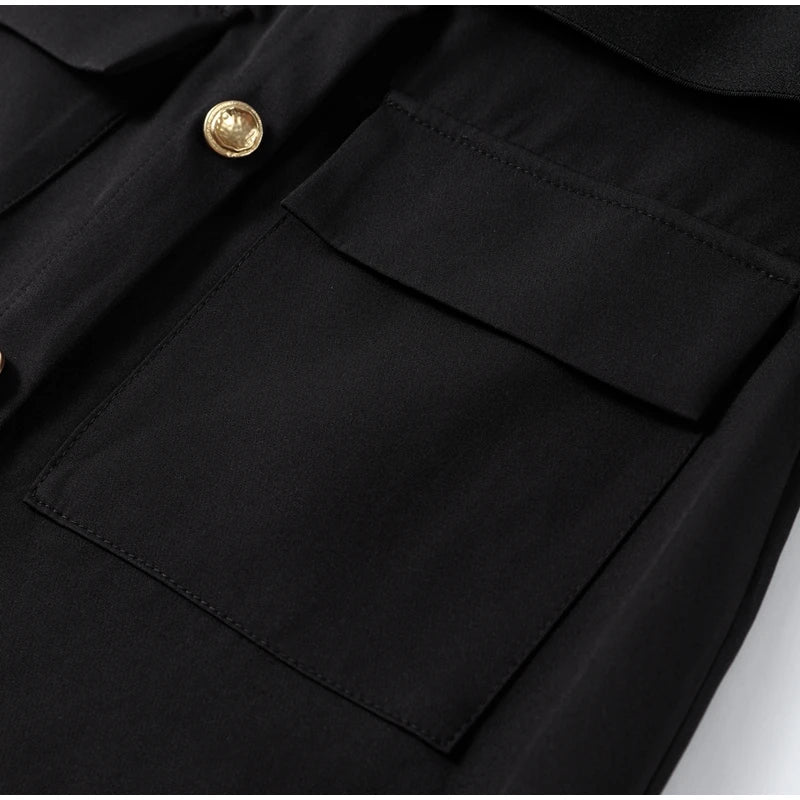 Urban Women Single-Breasted Dress – O-Neck, Sleeveless, Pocket Design, Mid-Length, Spring/Summer, Solid Color, Elegant Lady Robe