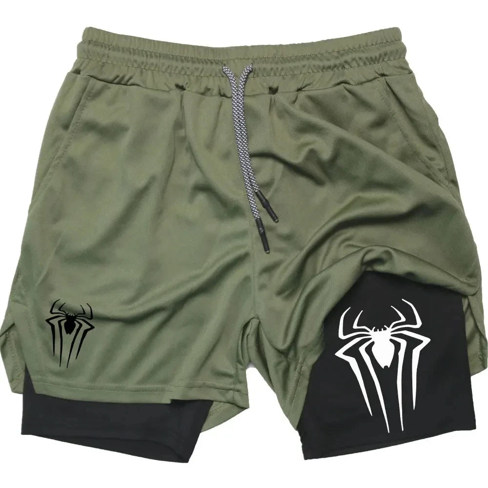 Y2K Performance Shorts Men – Spider Printed, Gym Casual Sports, Compression Shorts, Workout, Running, Mesh 2-in-1 Sport Shorts