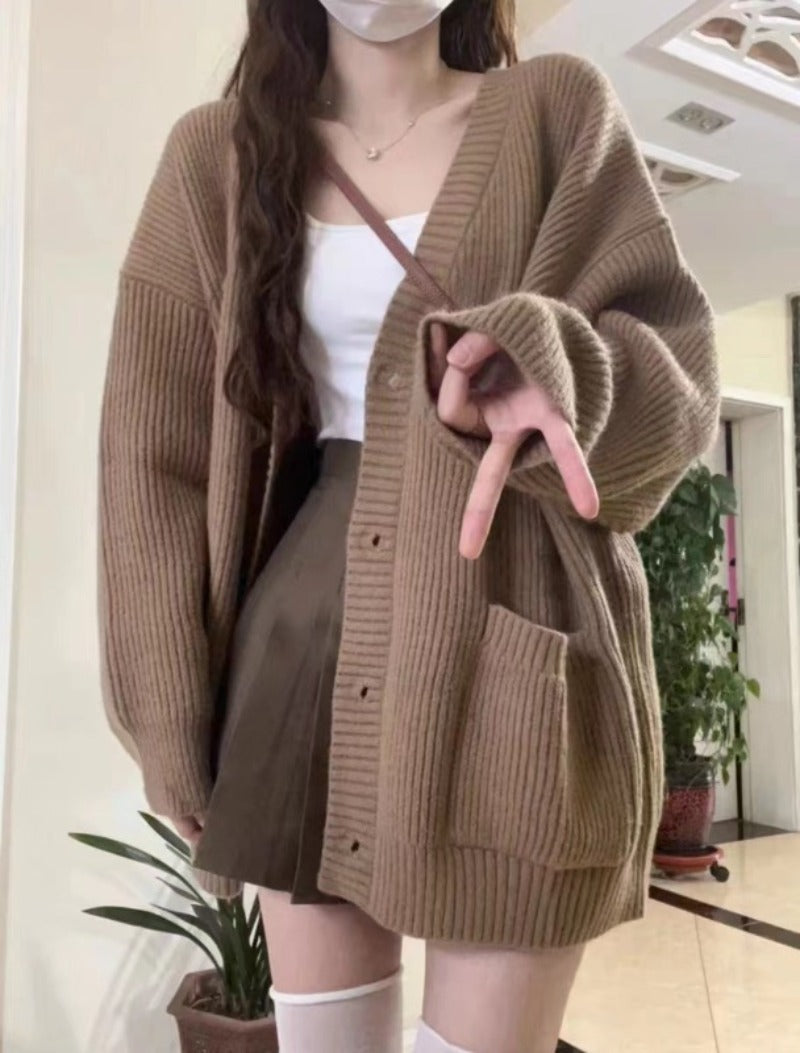Women's Knitted Cardigan – V-Neck, Loose Fit, Long Sleeve, Casual Autumn Winter Jacket