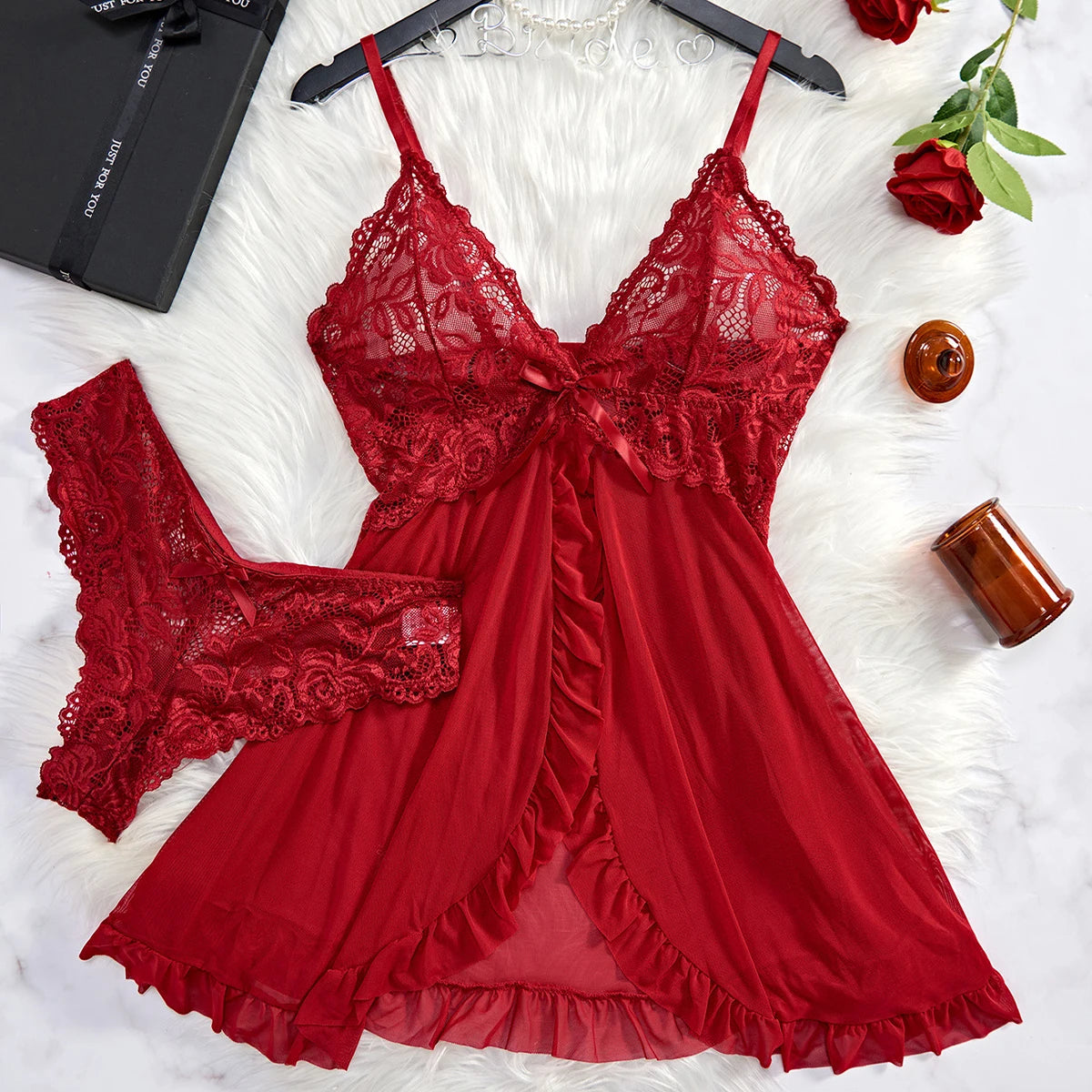 Transparent Red Sexy Lingerie – Women's Underwear, See-Through Sleepwear Lace Nightdress and Panty Set, Sexy Nighty