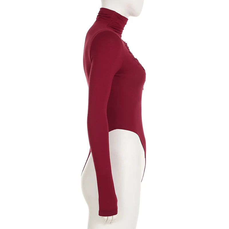 Red Skinny Bodysuit – Heart-Shaped Hollow Out, Sheer Patchwork, Full Sleeve, Vintage Chic Outfit