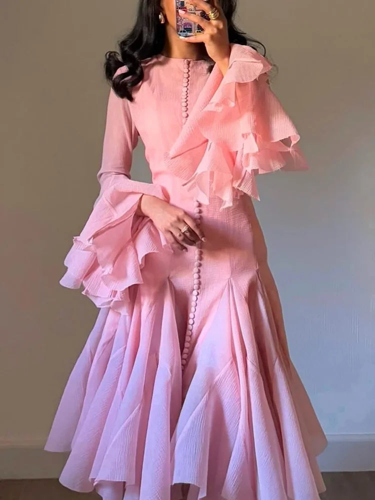 Luxury O-Neck Pink Ruffle Button Dress – Long Sleeve, High Waist, Fashionable Short Evening Prom Dress for Women