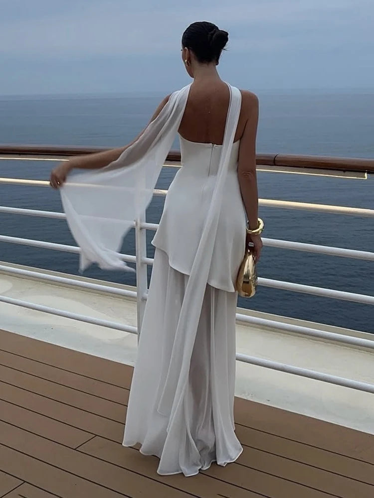 Elegant Strapless Mesh Dress – Ribbon Detail, Sleeveless, Long Beach Vacation Dress, Spring Fashion