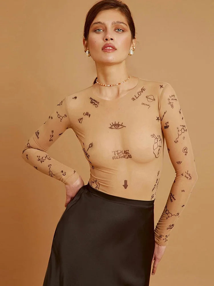Sexy Slim Bodysuit – Tight-Fitting, One-Piece, Long Sleeve, O-Neck, Printed, Summer Party Wear