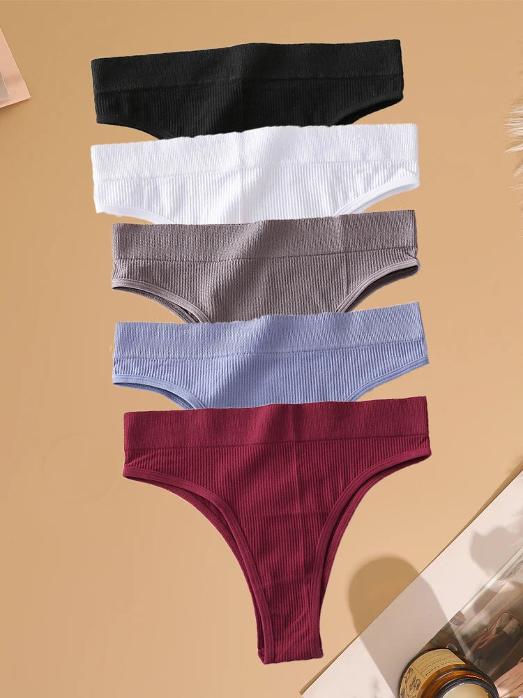 5PCS Seamless Ribbed Striped Panties – Sexy Low-Waist, Brazilian Style, Solid Color, G-String Lingerie
