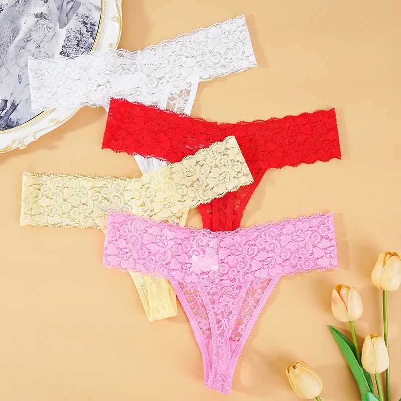 3PCS Lace Floral Thong Panties – Low Waist, Breathable, Sexy, Transparent, Solid Color Women's Underwear