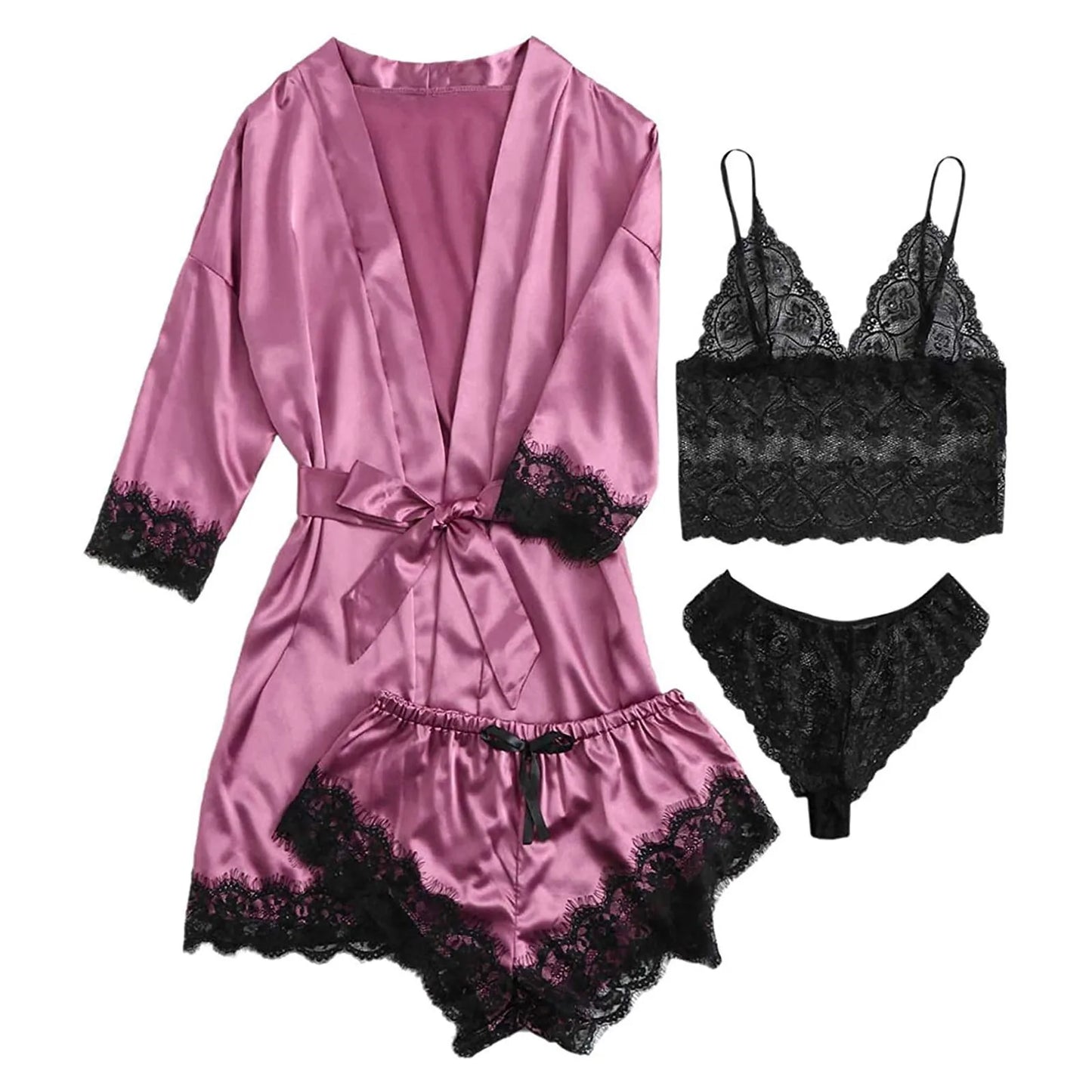 Women Fashion Pajama Print – Sexy Lace Trim Faux Silk Satin Pajama Set Gown, Skin-Friendly Comfort Loungewear, Sexy Pajamas