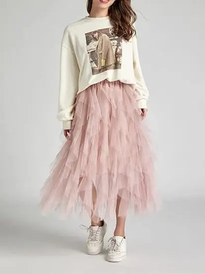 Women's Tulle Long Skirt – Tiered Tutu, A-Line, Mesh, Elastic Waist, Big Hem, Black/Gray/Pink/Beige