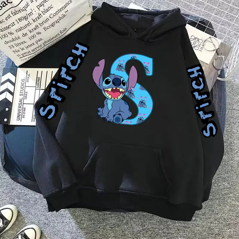 Women's Winter Disney Hoodie – Cute Kawaii Lilo & Stitch, Lucky Letter Print, Black, Fashion Couple Streetwear (Big Size)