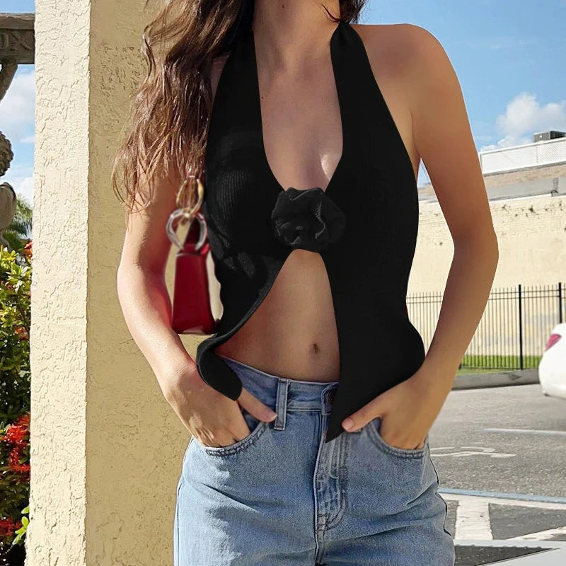 Sweet Flower Knitted Camisole – Sexy, Halter Neck, V-Neck, Backless, Slim Fit, Women's Tank Top