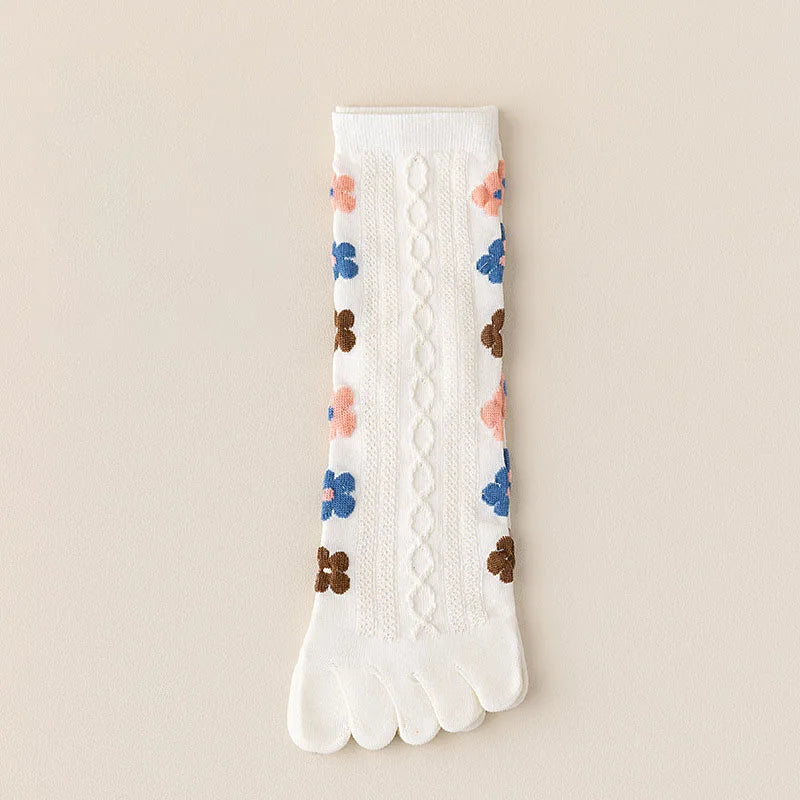 Colorful Heart Braid Five Finger Socks for Women – Spring Autumn, Middle Tube, Cotton, Breathable, Crew Socks, Streetwear