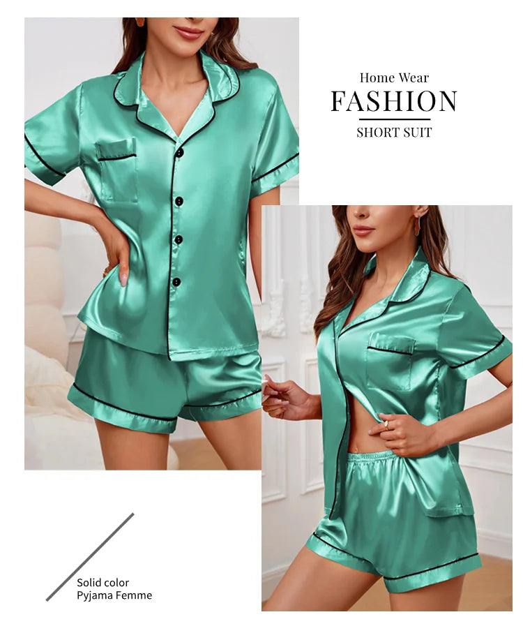 Luxurious Satin Pajama for Women – Summer Sleepwear, Short Sleeve Top with Button-Up Lapel Collar & Shorts, Femme Lounge Set