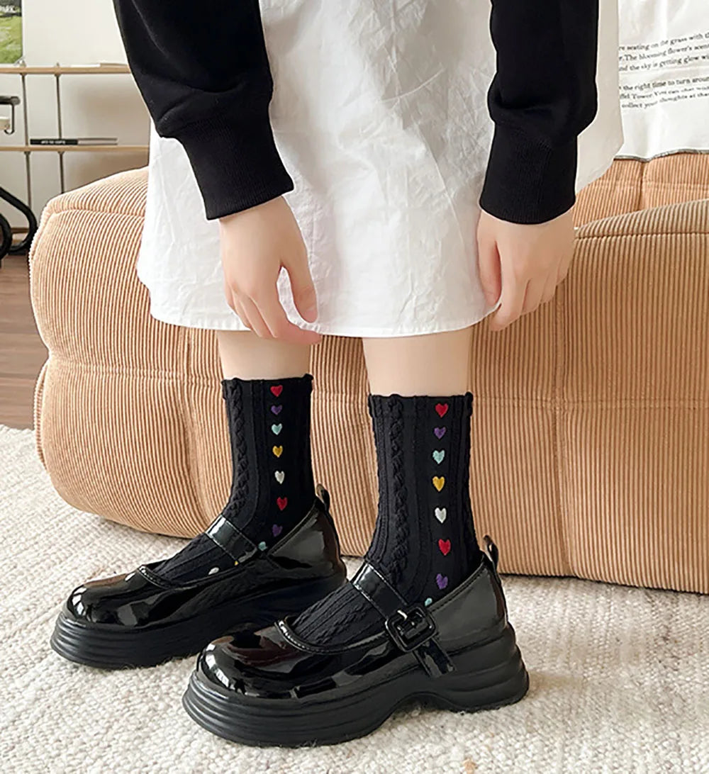 Colorful Heart Braid Five Finger Socks for Women – Spring Autumn, Middle Tube, Cotton, Breathable, Crew Socks, Streetwear