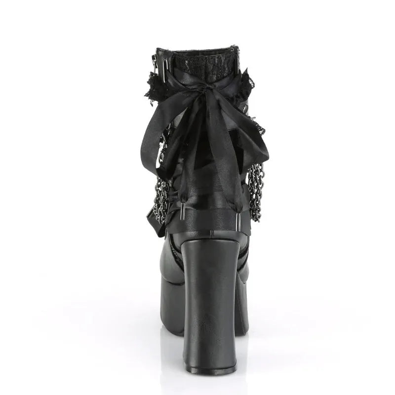 Gothic Style Chain Lace Up Bow Women Short Boots – Retro Round Toe, Square Heel, Chunky Platform Ankle Boots, Punk Ladies Party Shoes