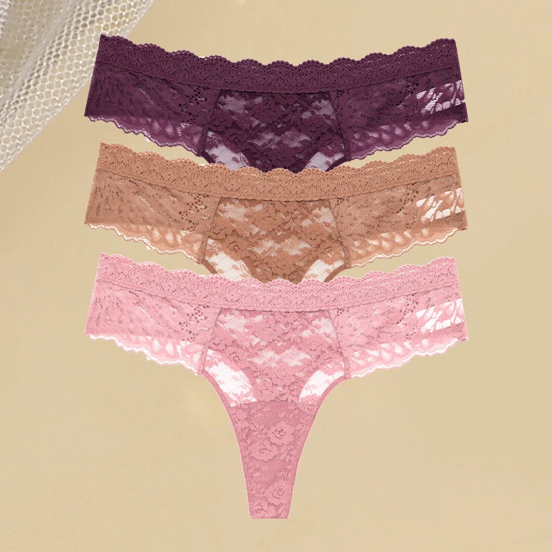 3PCS Lace Hollow Out Thong Panties – Sexy Floral Print, Solid Color, Low Waist, Breathable G-String Lingerie