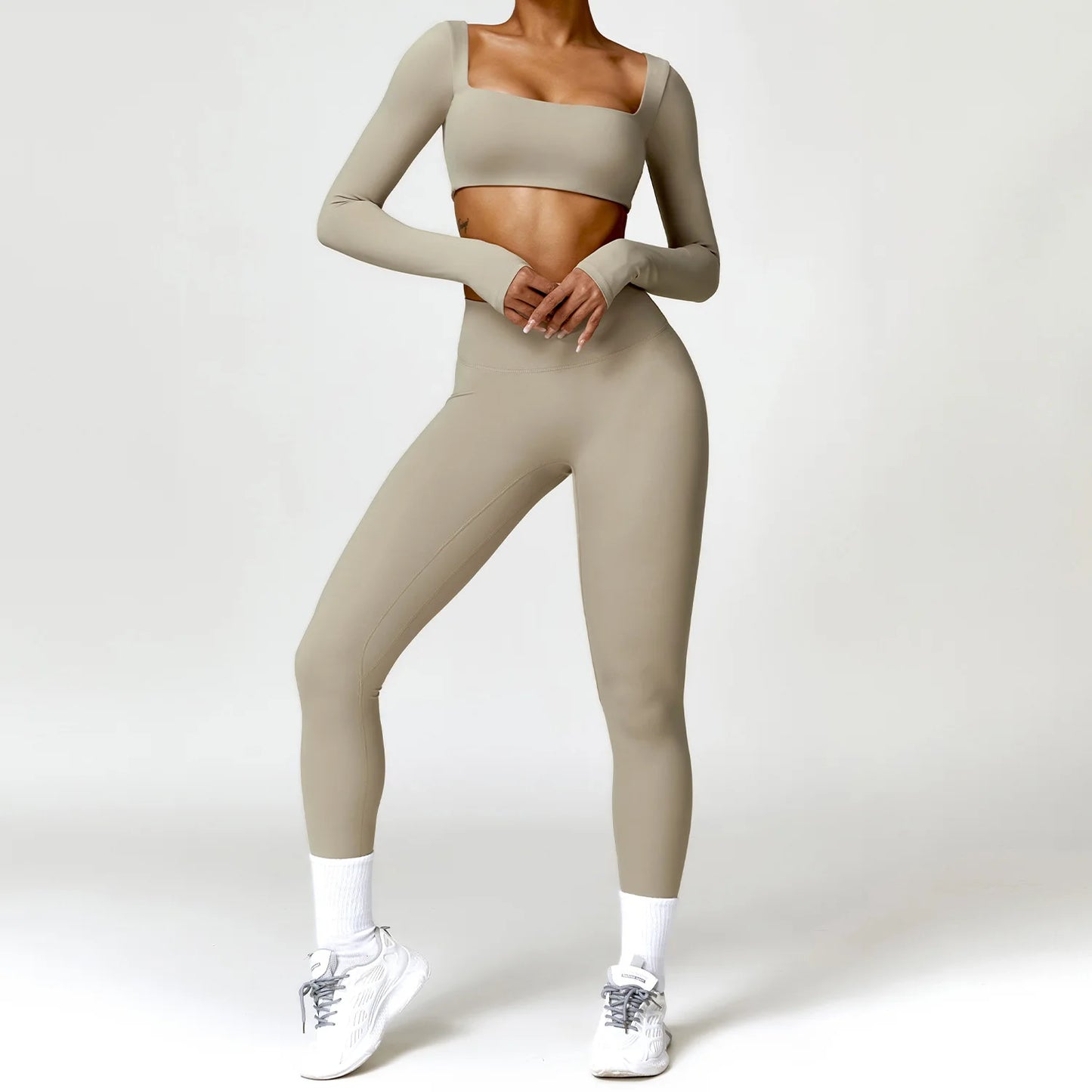 2PCS Women's Yoga & Gym Set – Quick-Dry Long Sleeve Sports Shirt & Leggings for Running & Workout