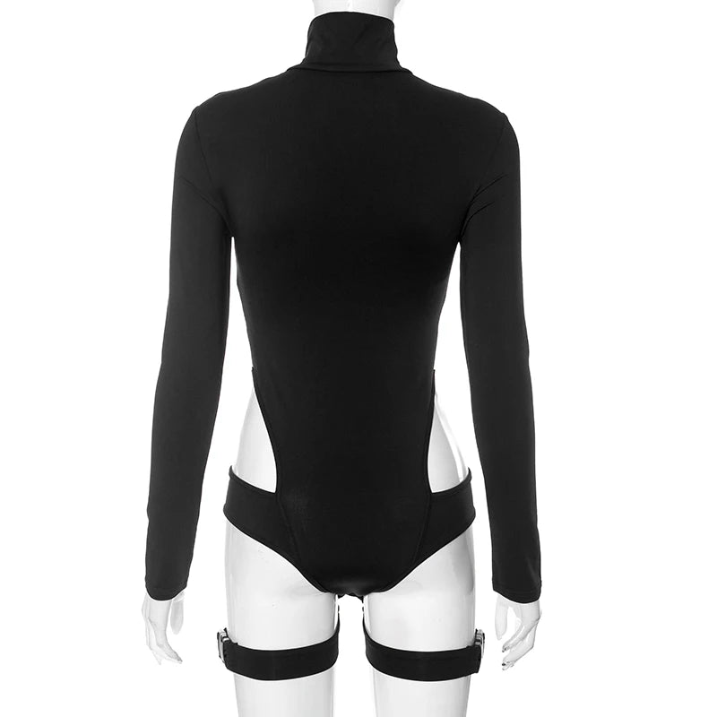 Zip Turtleneck Buckle Cutout Bodysuit – Long Sleeve, Sexy Club Romper, Black Techwear Jumpsuit for Women
