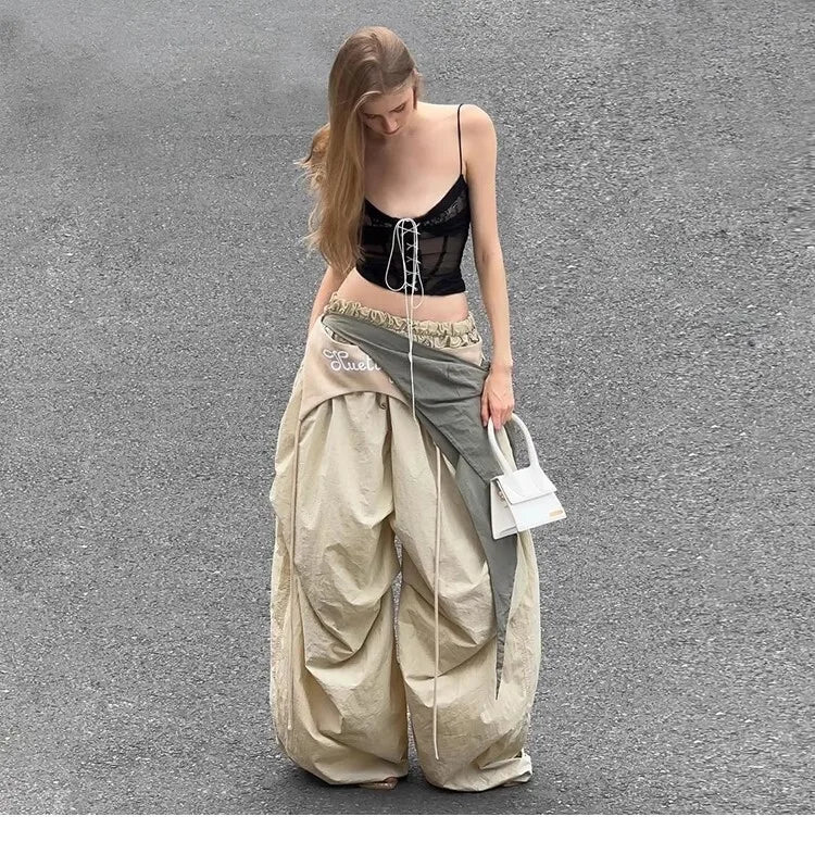 Fashion Contrast Color Patchwork Trousers – Elastic High Waist, Loose Fit, Wide Leg, Streetwear, Cargo Pants, New Arrival