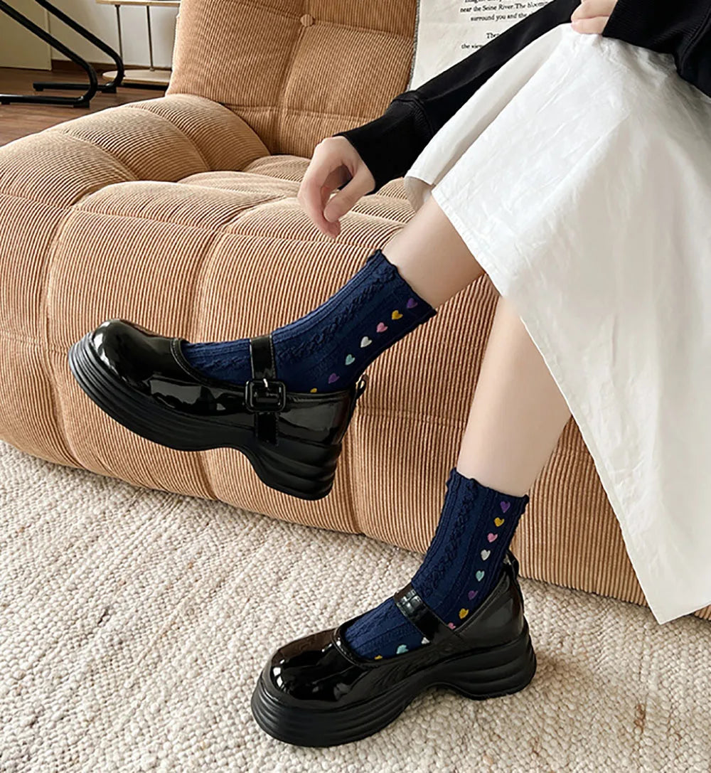 Colorful Heart Braid Five Finger Socks for Women – Spring Autumn, Middle Tube, Cotton, Breathable, Crew Socks, Streetwear