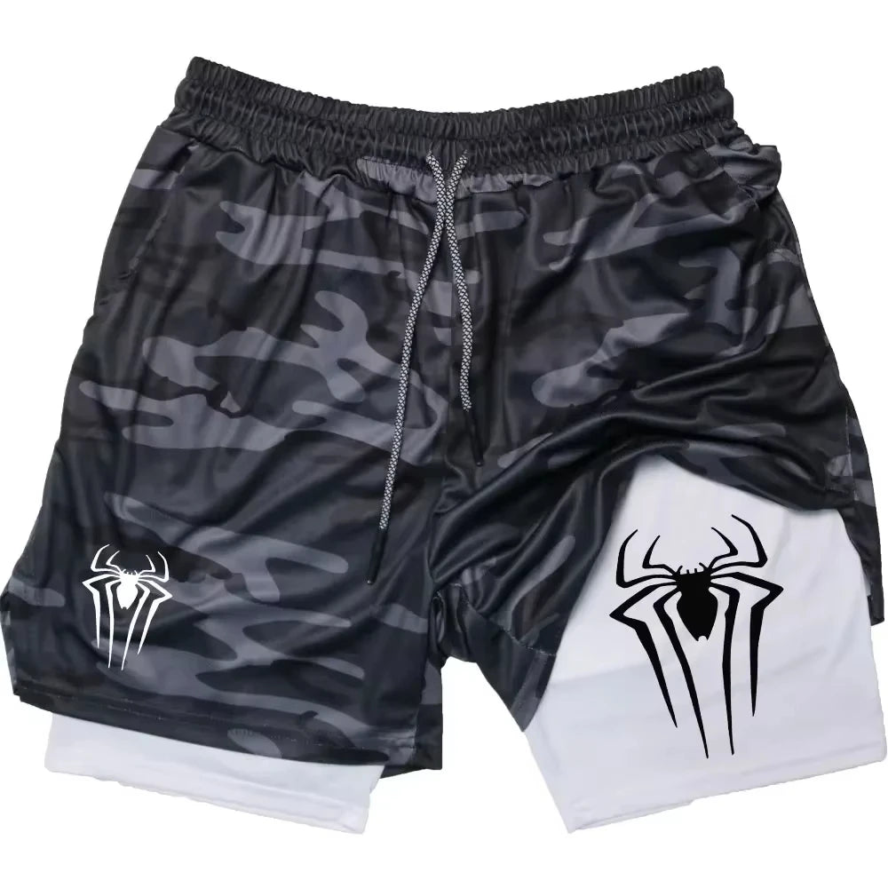 Y2K Performance Shorts Men – Spider Printed, Gym Casual Sports, Compression Shorts, Workout, Running, Mesh 2-in-1 Sport Shorts