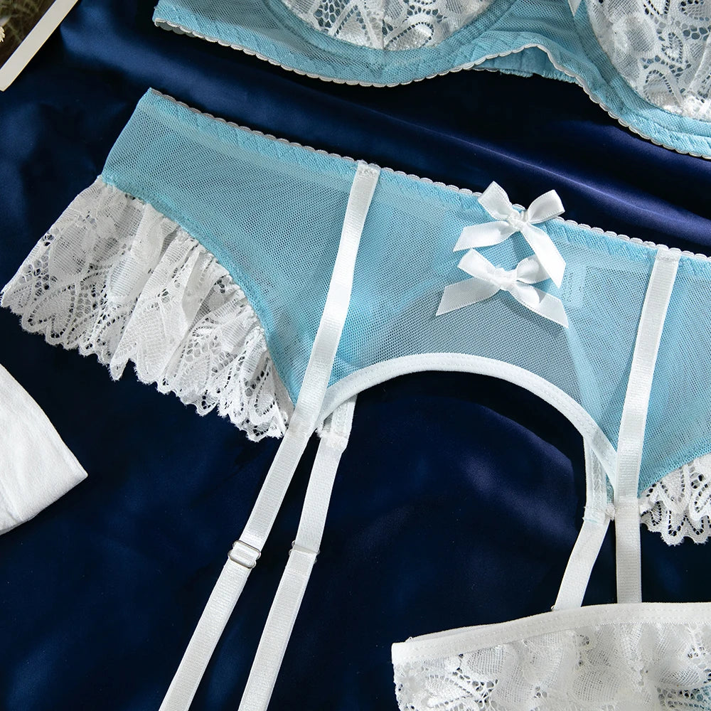 Lace Bra Set – Women's 4-Piece Lingerie Set with Stockings, Floral Bra, Panty & Garter Kit, Sexy Erotic Intimates
