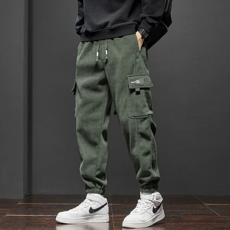 Men's Corduroy Harem Cargo Pants – Spring Autumn Streetwear, Army Green/Gray/Black, Elastic Waist Casual Joggers Sweatpants