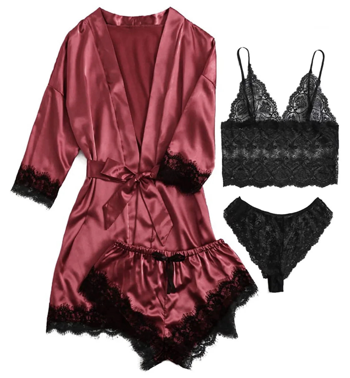 Women Fashion Pajama Print – Sexy Lace Trim Faux Silk Satin Pajama Set Gown, Skin-Friendly Comfort Loungewear, Sexy Pajamas
