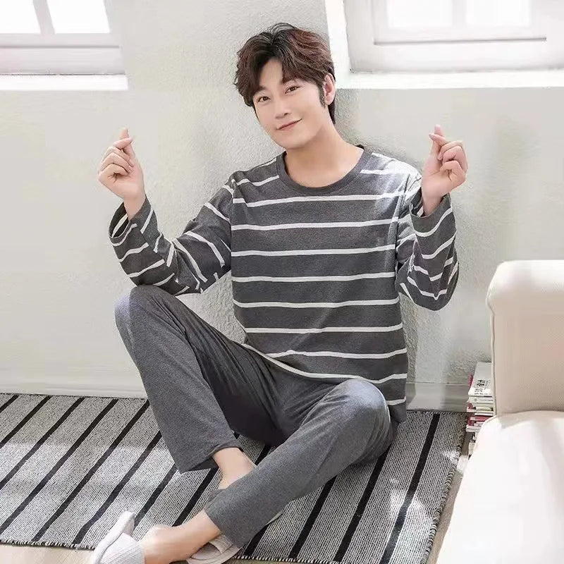 Men's Summer Pyjamas – Long Sleeve, Black Plaid Trousers, Youth Style, Large Size, Two-Piece Homewear Set, Outdoor Wearable
